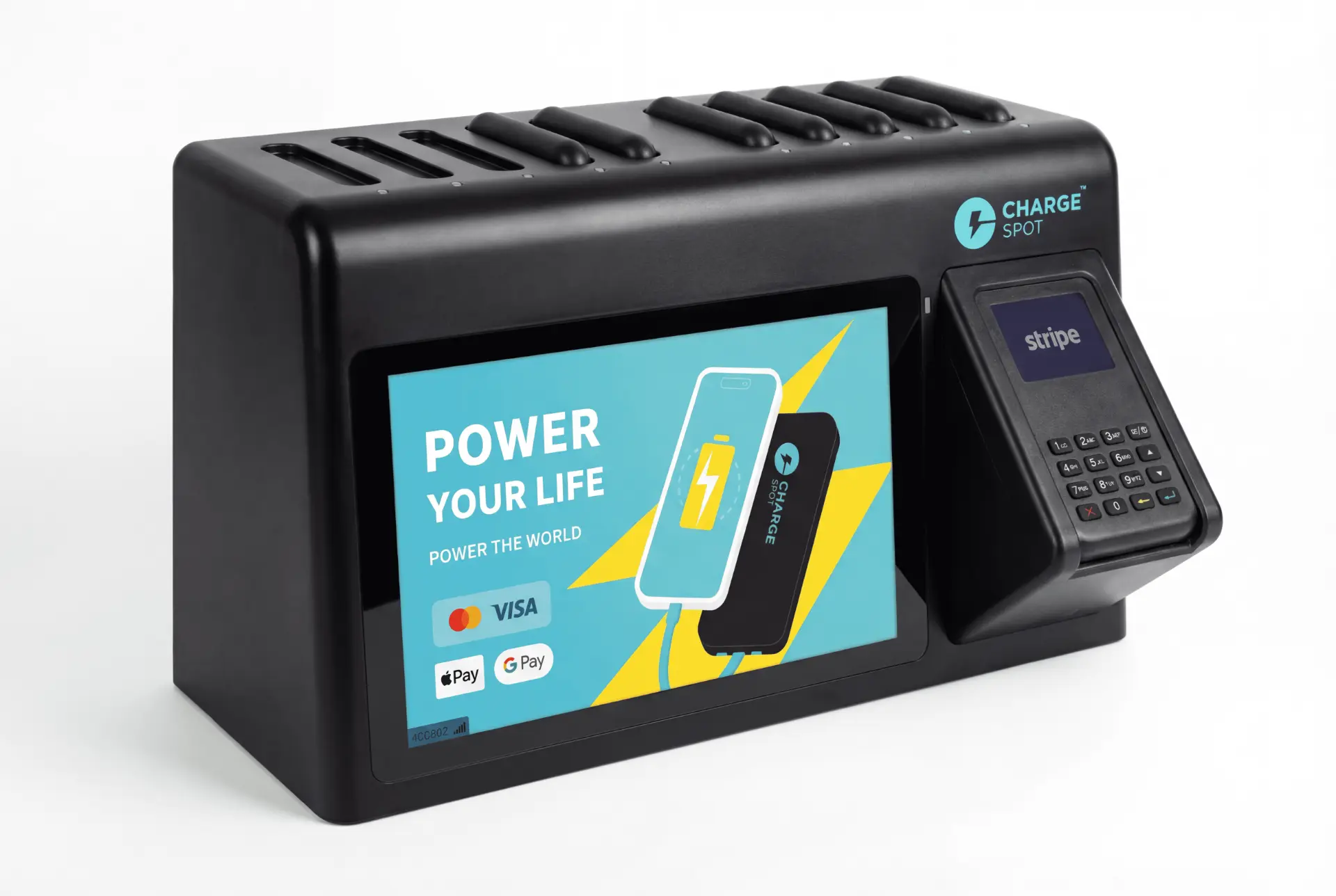 Stazione ChargeSpot per il noleggio di power bank posizionata sul bancone di un locale
